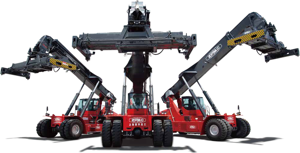 Three views of actual ZPMC reach stackers from the manufacturer brochure